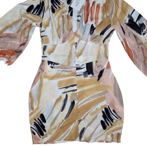 In The Style NWT Abstract Print Button-Down dress With Long Sleeves Elastic Cuff - Picture 8 of 10